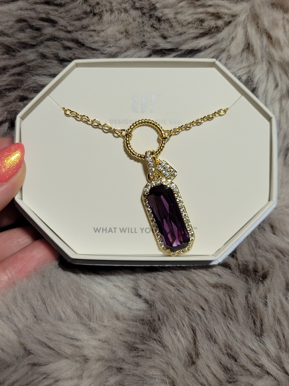 Gold-Tone Necklace with Purple Crystal Pendant